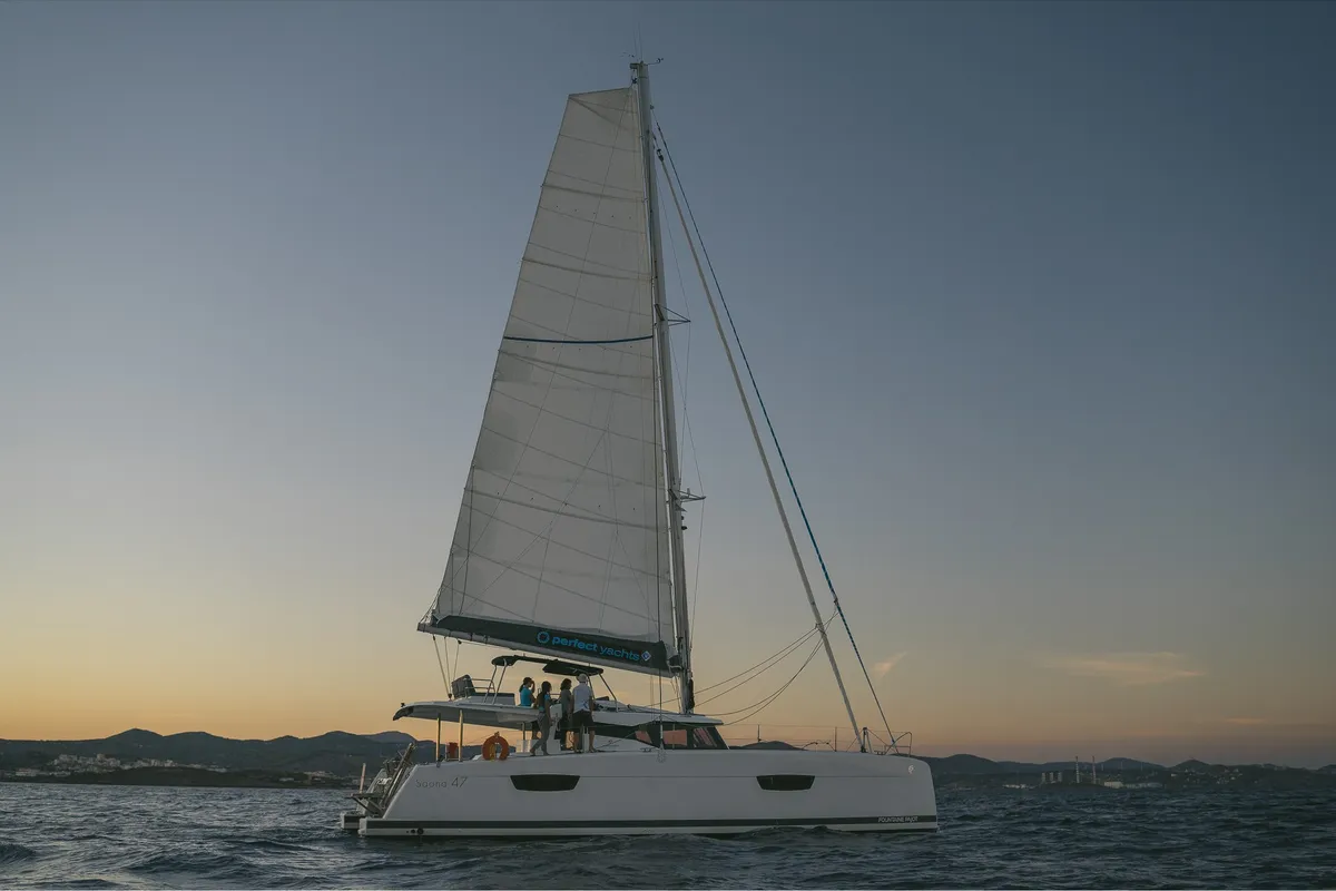 Exterior view of AquaSpirit, a Fountaine Pajot Saona 47 catamaran at Lavreotiki Municipal Unit, Greece