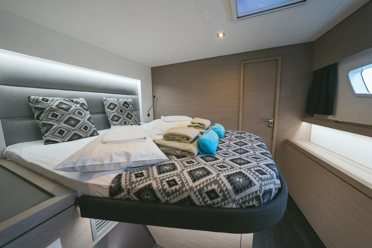Cabin on AquaSpirit, a Fountaine Pajot Saona 47 catamaran at Lavreotiki Municipal Unit, Greece