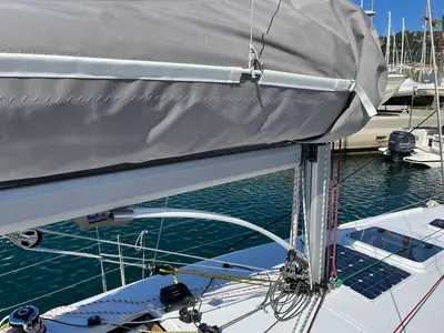 Deck of Suferina, a Beneteau First 27 sailboat at Split, Croatia