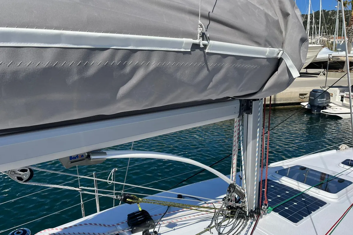 Deck of Suferina, a Beneteau First 27 sailboat at Split, Croatia