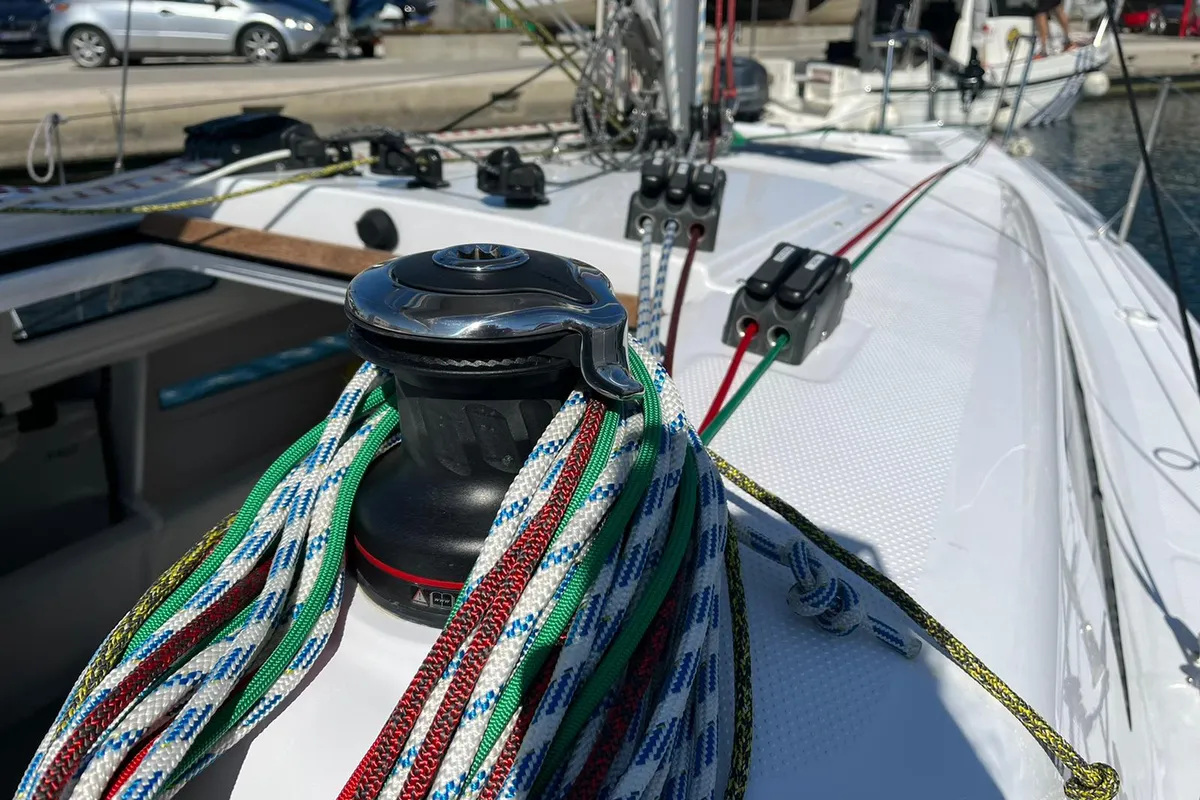 Deck of Suferina, a Beneteau First 27 sailboat at Split, Croatia