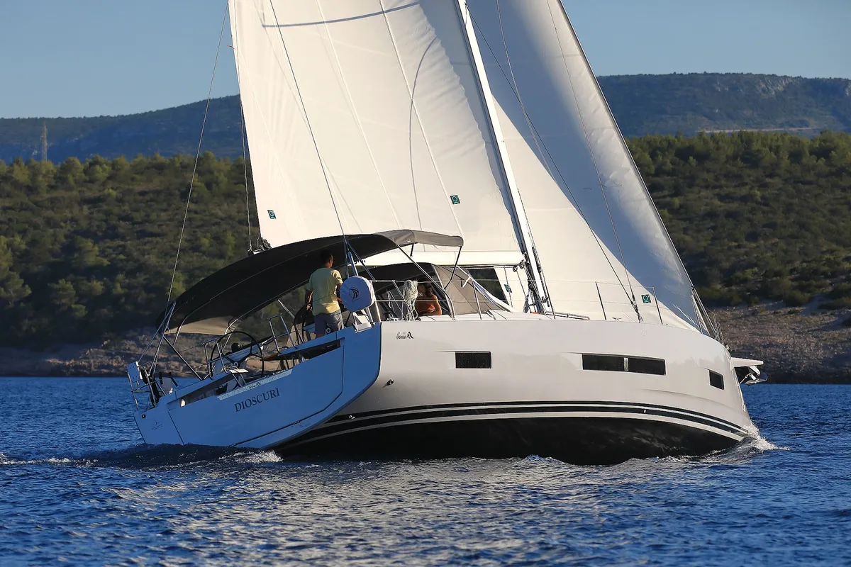 Exterior view of Dioscuri, a Hanse 460 sailboat at Grad Kaštela, Croatia