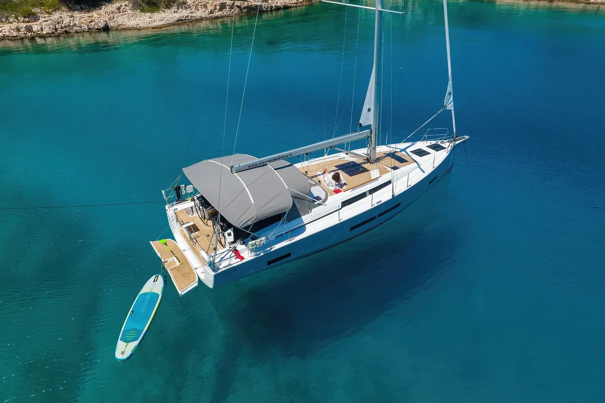Exterior view of Dioscuri, a Hanse 460 sailboat at Grad Kaštela, Croatia