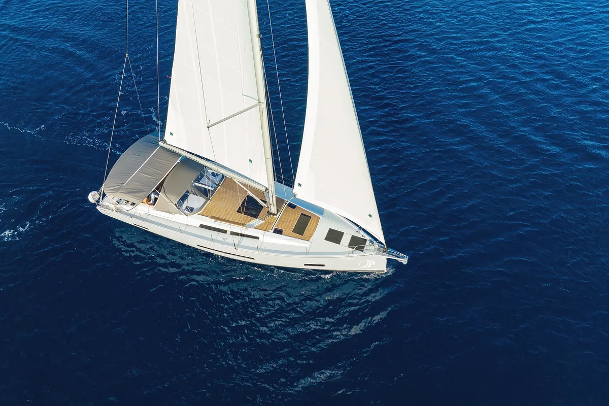 Exterior view of Dioscuri, a Hanse 460 sailboat at Grad Kaštela, Croatia