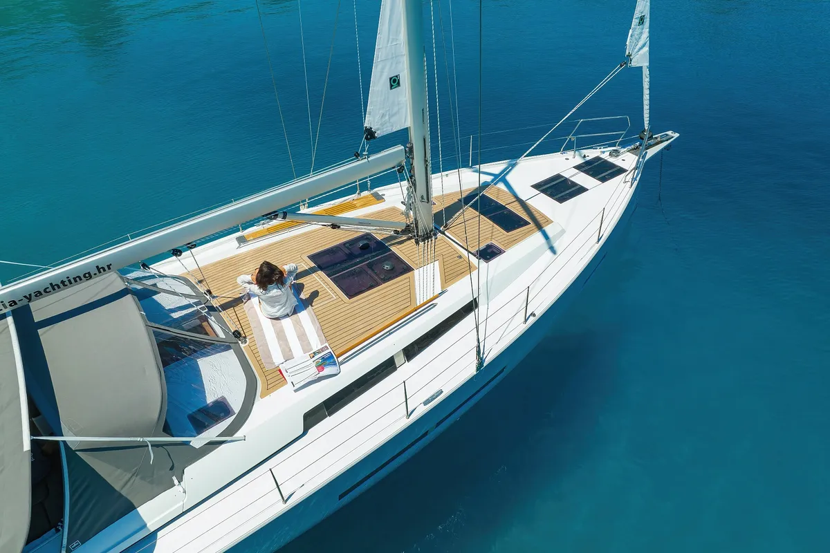 Exterior view of Dioscuri, a Hanse 460 sailboat at Grad Kaštela, Croatia