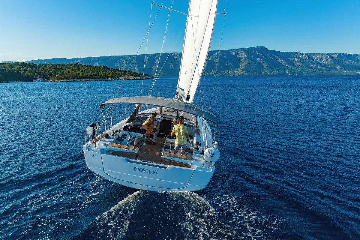 Exterior view of Dioscuri, a Hanse 460 sailboat at Grad Kaštela, Croatia