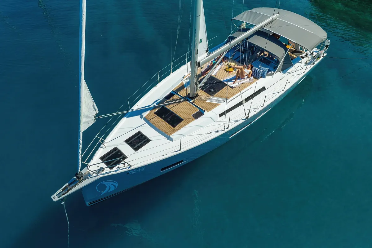 Exterior view of Dioscuri, a Hanse 460 sailboat at Grad Kaštela, Croatia