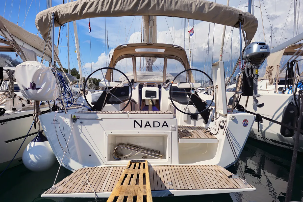 Exterior view of Nada, a Dufour 360 GL sailboat at Kaštela, Croatia