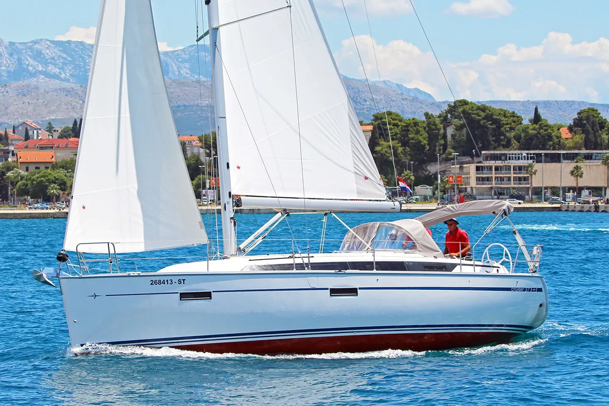 Exterior view of Merara, a Bavaria Cruiser 37 sailboat at Split, Croatia