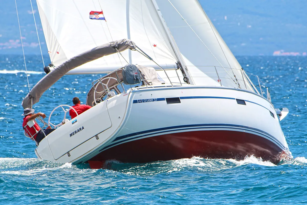 Exterior view of Merara, a Bavaria Cruiser 37 sailboat at Split, Croatia