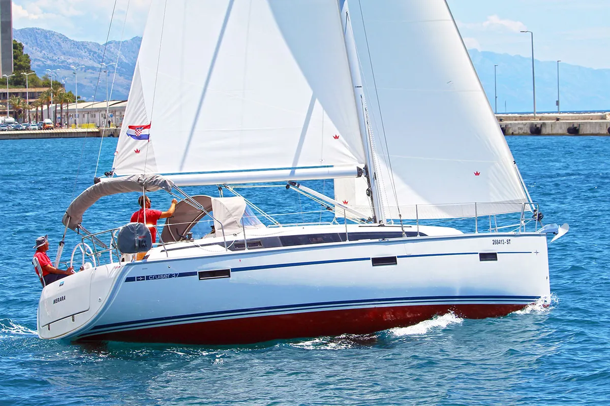 Exterior view of Merara, a Bavaria Cruiser 37 sailboat at Split, Croatia