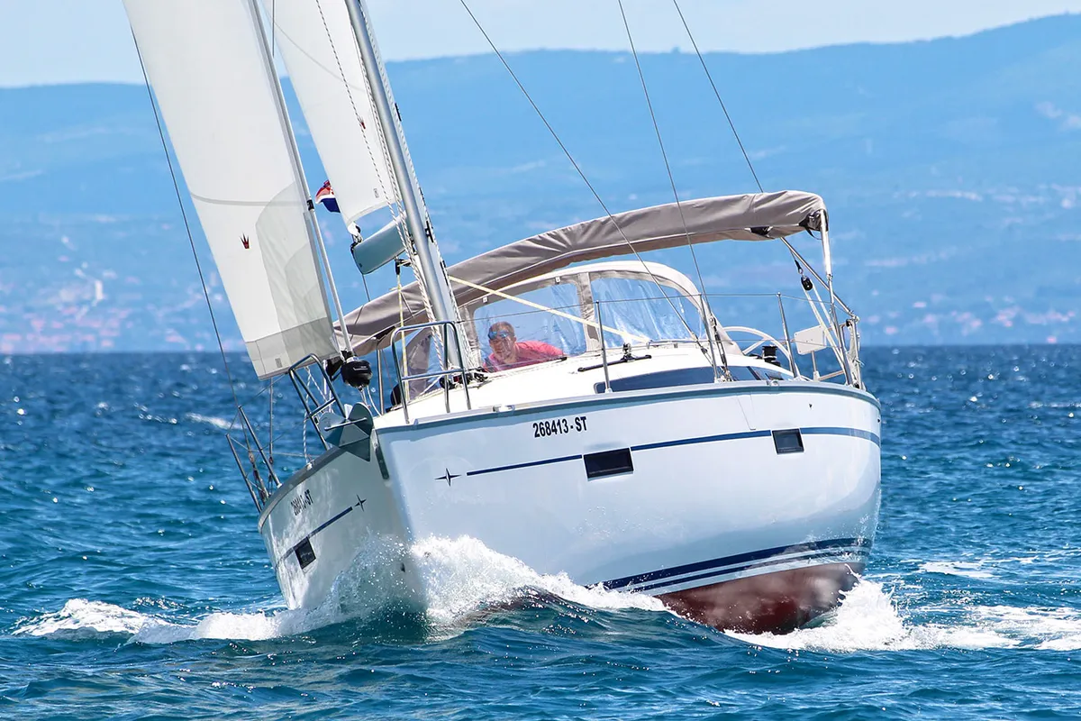 Exterior view of Merara, a Bavaria Cruiser 37 sailboat at Split, Croatia