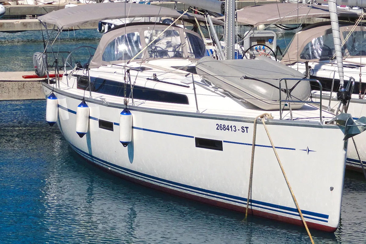 Exterior view of Merara, a Bavaria Cruiser 37 sailboat at Split, Croatia