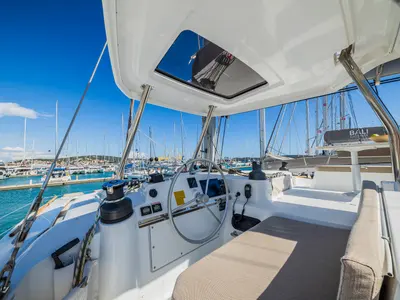 Cockpit of Aloha I Ke Kai, a Bali 4.4 catamaran at Seget Donji, Croatia