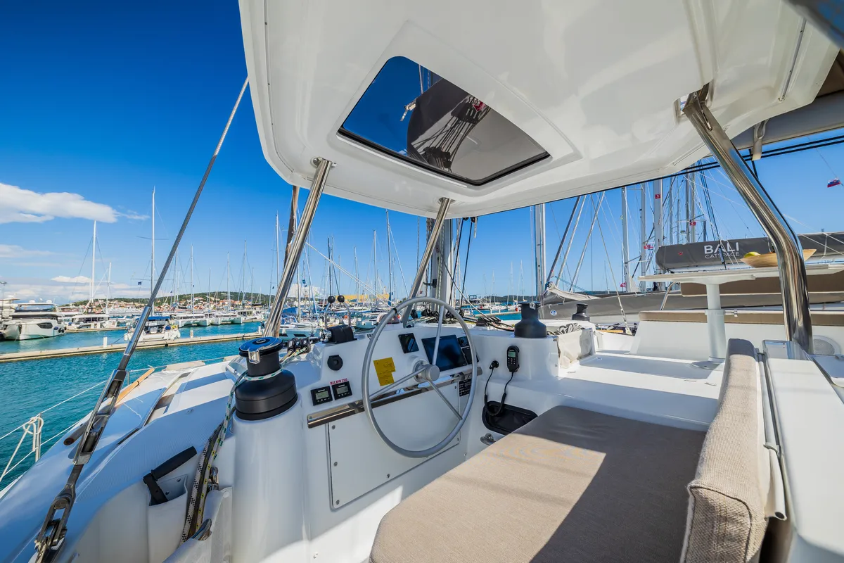 Cockpit of Aloha I Ke Kai, a Bali 4.4 catamaran at Seget Donji, Croatia