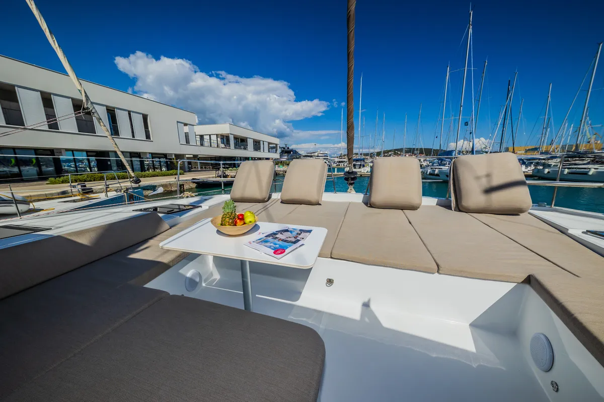 Deck of Aloha I Ke Kai, a Bali 4.4 catamaran at Seget Donji, Croatia