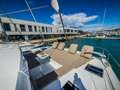 Deck of Aloha I Ke Kai, a Bali 4.4 catamaran at Seget Donji, Croatia
