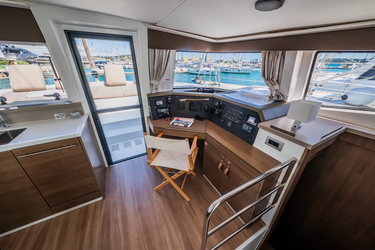 Cockpit of Aloha I Ke Kai, a Bali 4.4 catamaran at Seget Donji, Croatia