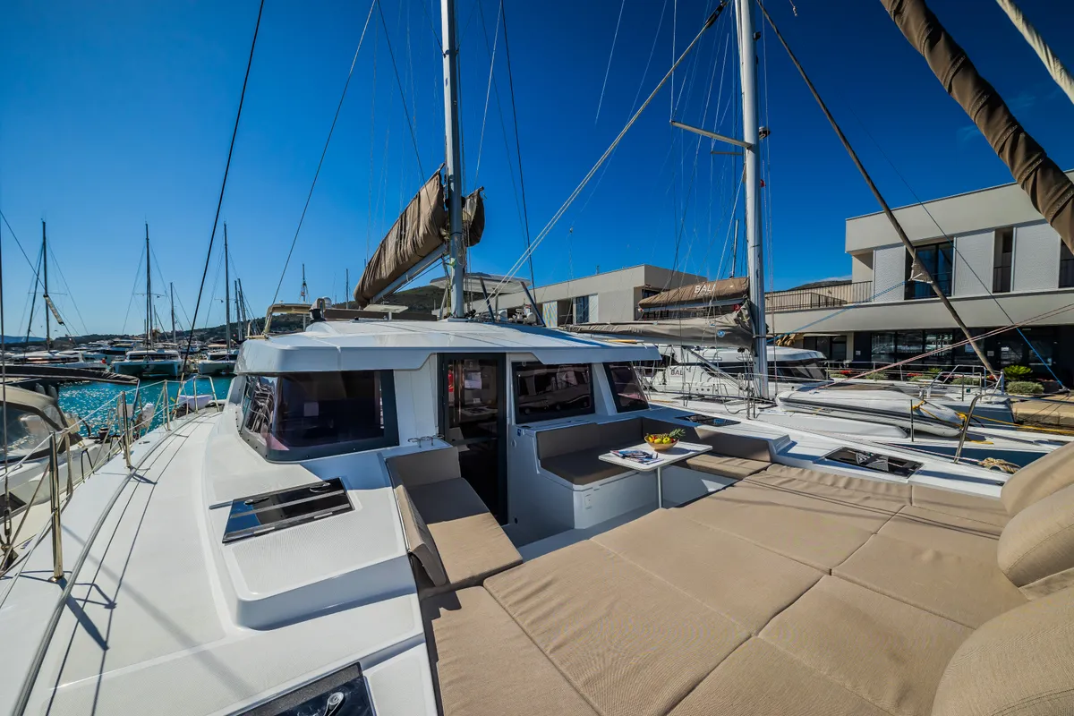 Deck of Aloha I Ke Kai, a Bali 4.4 catamaran at Seget Donji, Croatia