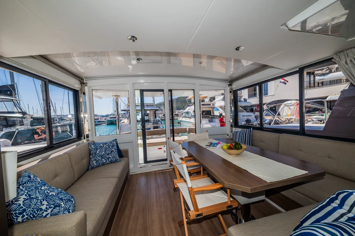 Salon of Aloha I Ke Kai, a Bali 4.4 catamaran at Seget Donji, Croatia