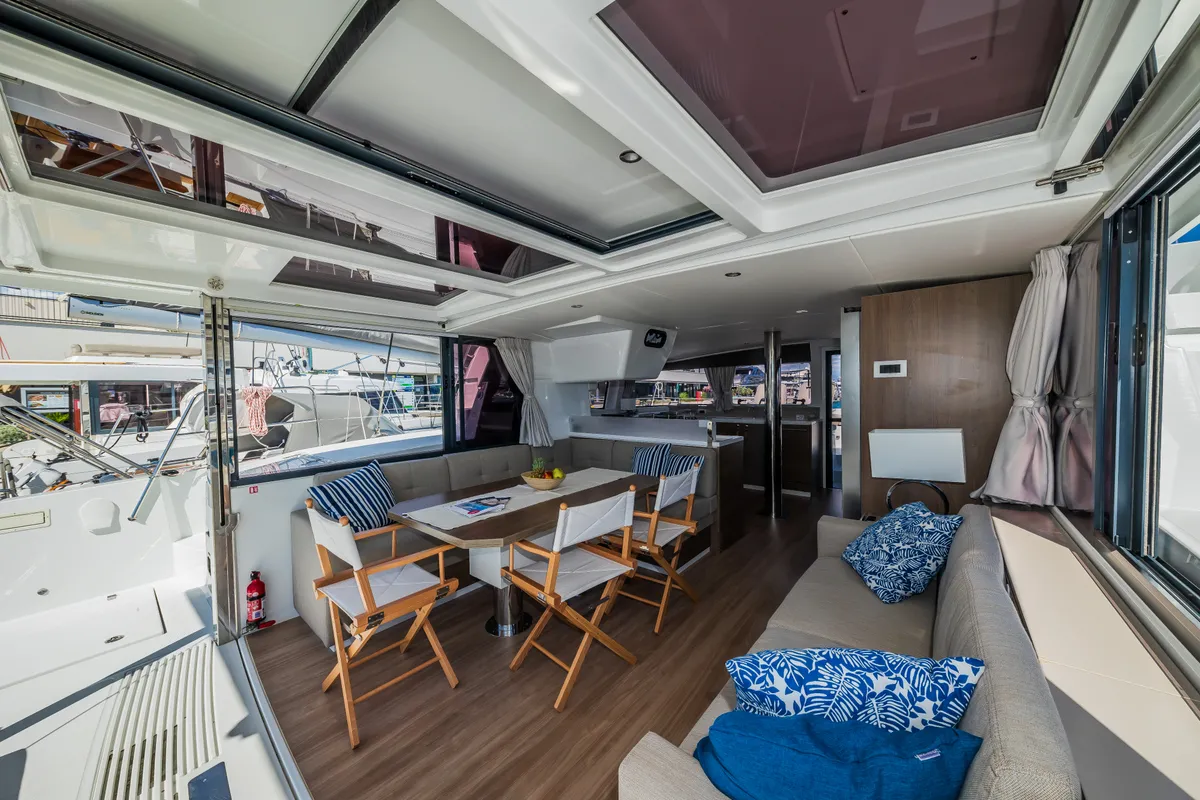 Salon of Aloha I Ke Kai, a Bali 4.4 catamaran at Seget Donji, Croatia