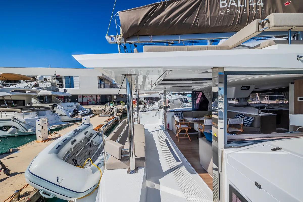 Deck of Aloha I Ke Kai, a Bali 4.4 catamaran at Seget Donji, Croatia