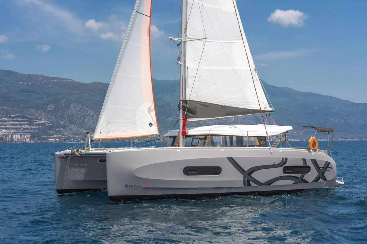 Exterior view of Aiolos, a Excess 11 catamaran at Volos, Greece