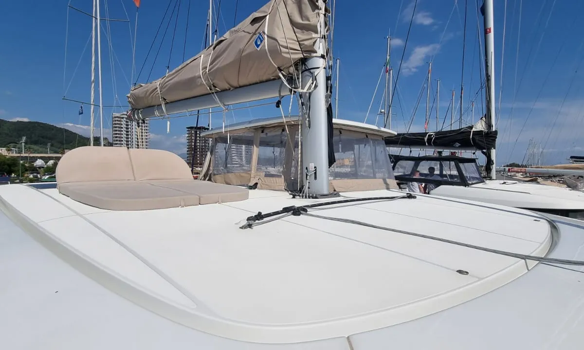 Deck of Gamma Leonis, a Lagoon 42 catamaran at Salerno, Italy