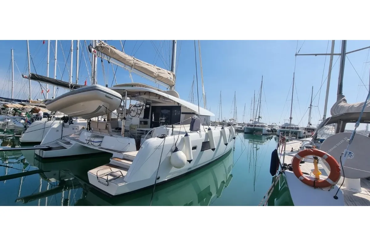 Exterior view of Gamma Leonis, a Lagoon 42 catamaran at Salerno, Italy