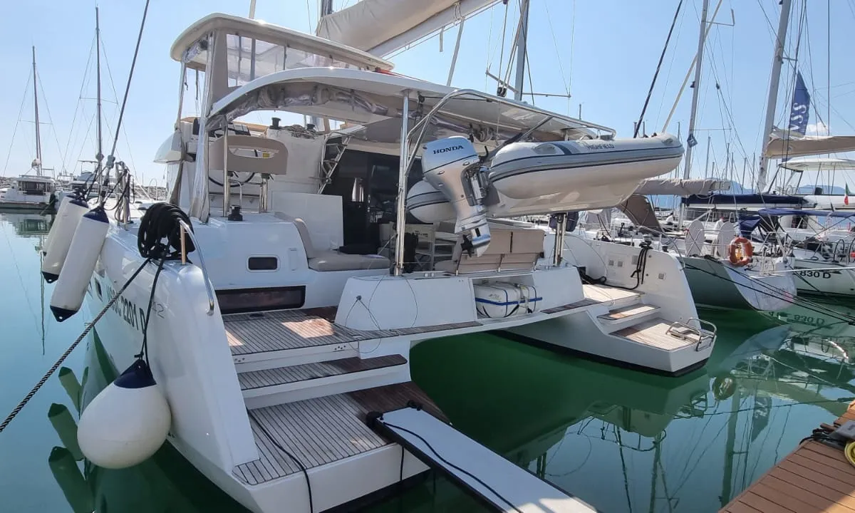 Exterior view of Gamma Leonis, a Lagoon 42 catamaran at Salerno, Italy