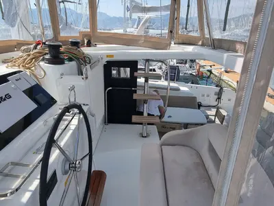 Cockpit of Gamma Leonis, a Lagoon 42 catamaran at Salerno, Italy