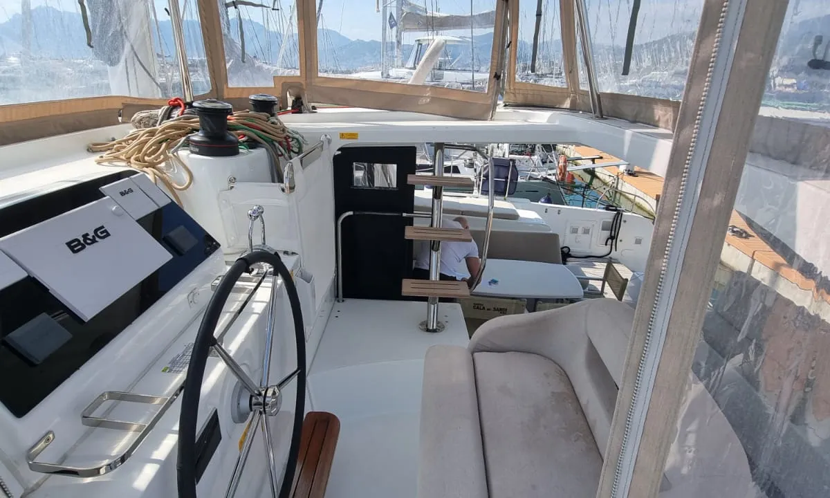 Cockpit of Gamma Leonis, a Lagoon 42 catamaran at Salerno, Italy