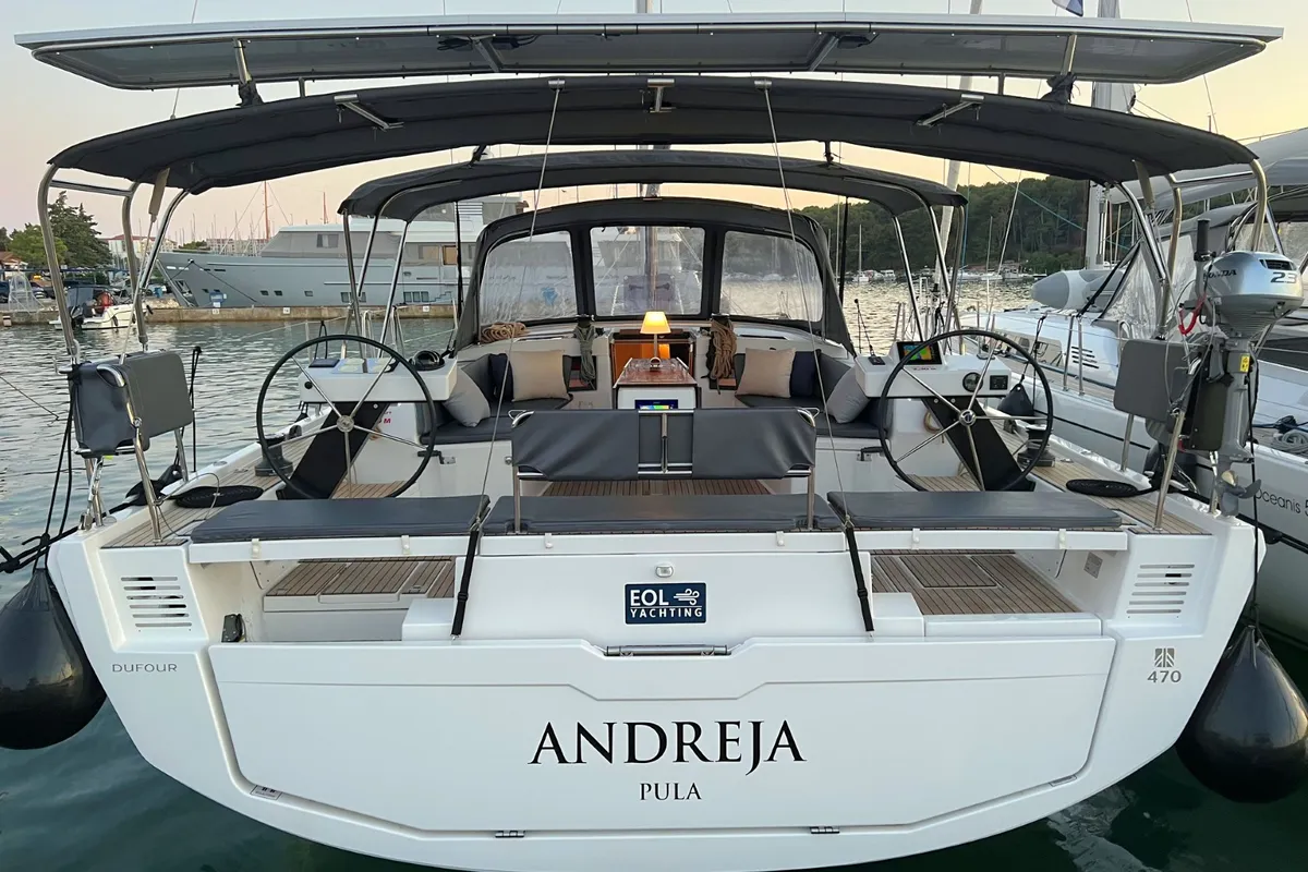 Exterior view of Andreja, a Dufour 470 sailboat at Grad Pula, Croatia