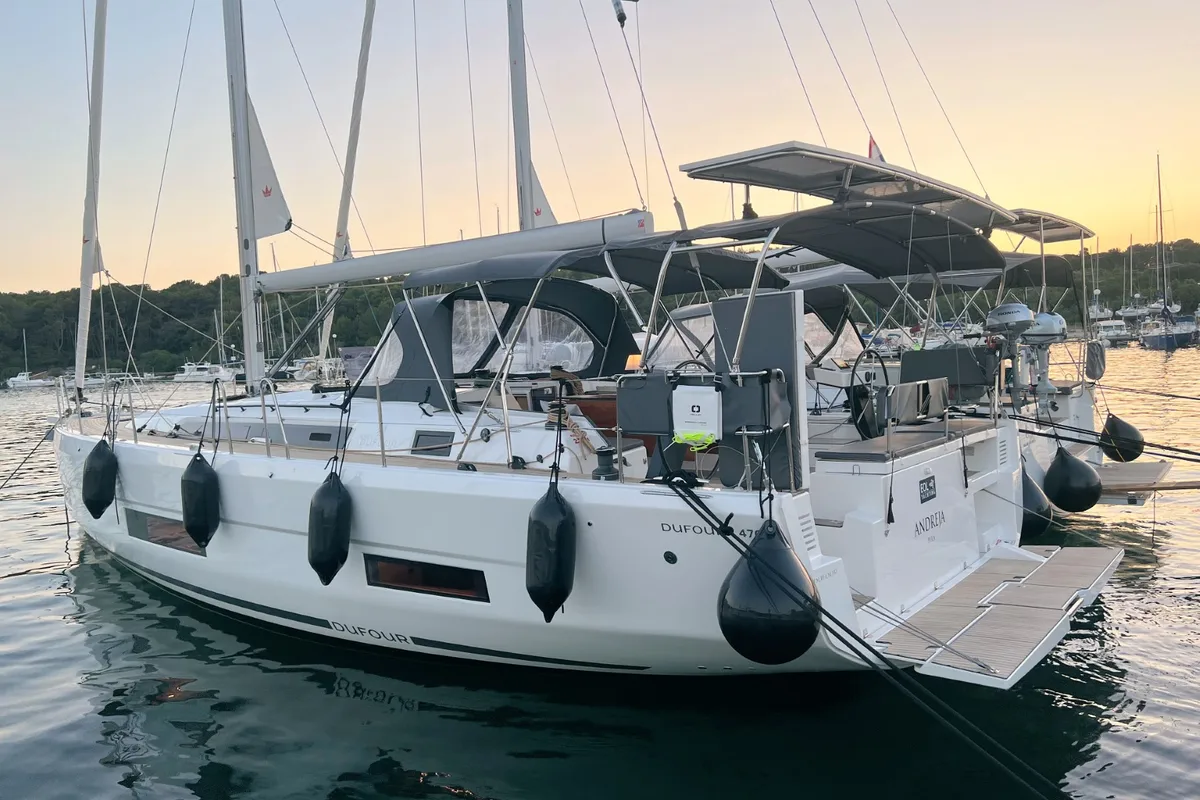 Exterior view of Andreja, a Dufour 470 sailboat at Grad Pula, Croatia