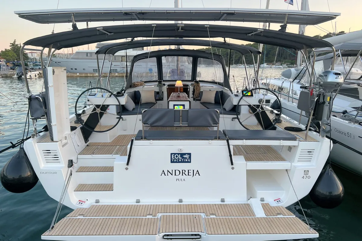 Exterior view of Andreja, a Dufour 470 sailboat at Grad Pula, Croatia