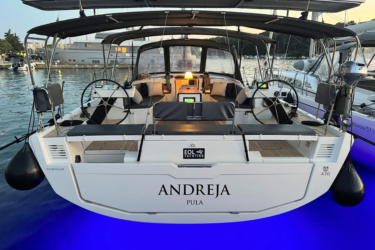 Cockpit of Andreja, a Dufour 470 sailboat at Grad Pula, Croatia