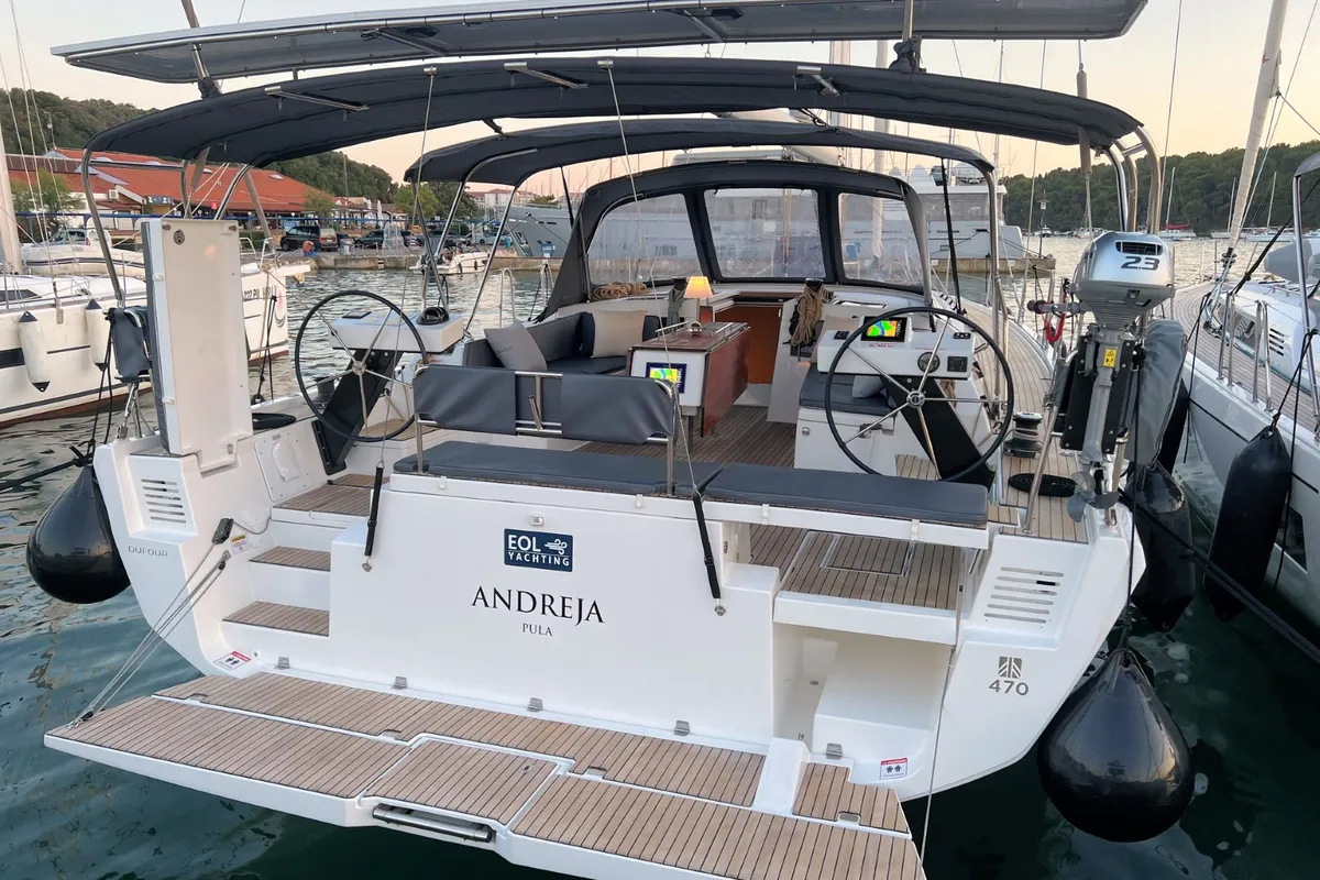 Deck of Andreja, a Dufour 470 sailboat at Grad Pula, Croatia