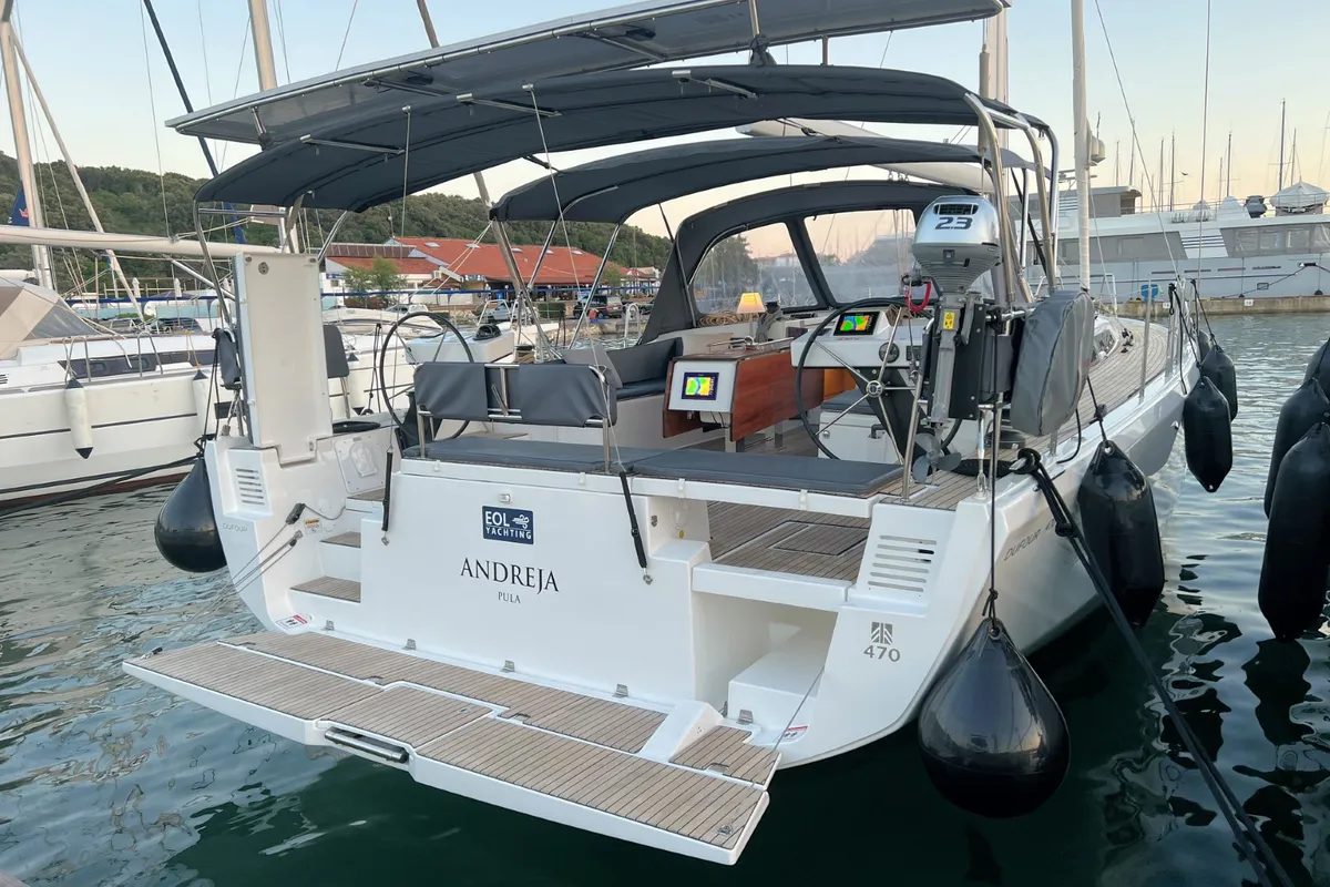 Exterior view of Andreja, a Dufour 470 sailboat at Grad Pula, Croatia