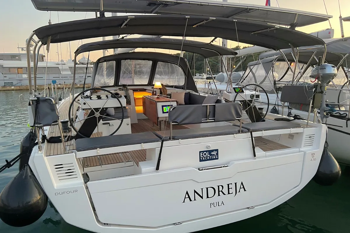 Cockpit of Andreja, a Dufour 470 sailboat at Grad Pula, Croatia