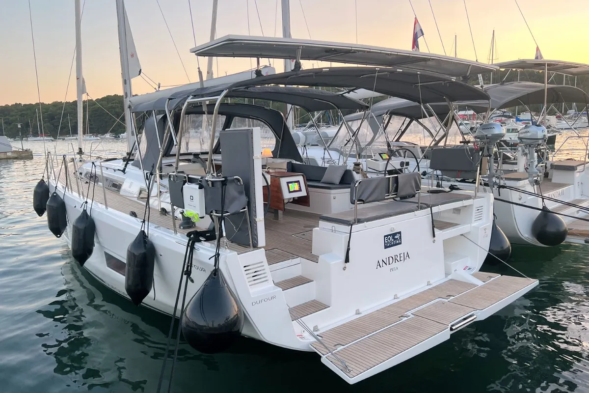 Exterior view of Andreja, a Dufour 470 sailboat at Grad Pula, Croatia