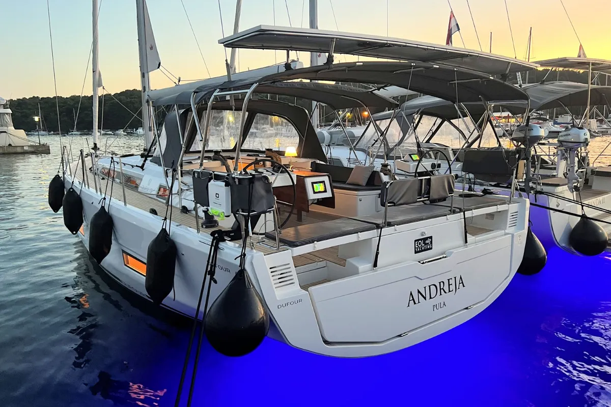 Exterior view of Andreja, a Dufour 470 sailboat at Grad Pula, Croatia