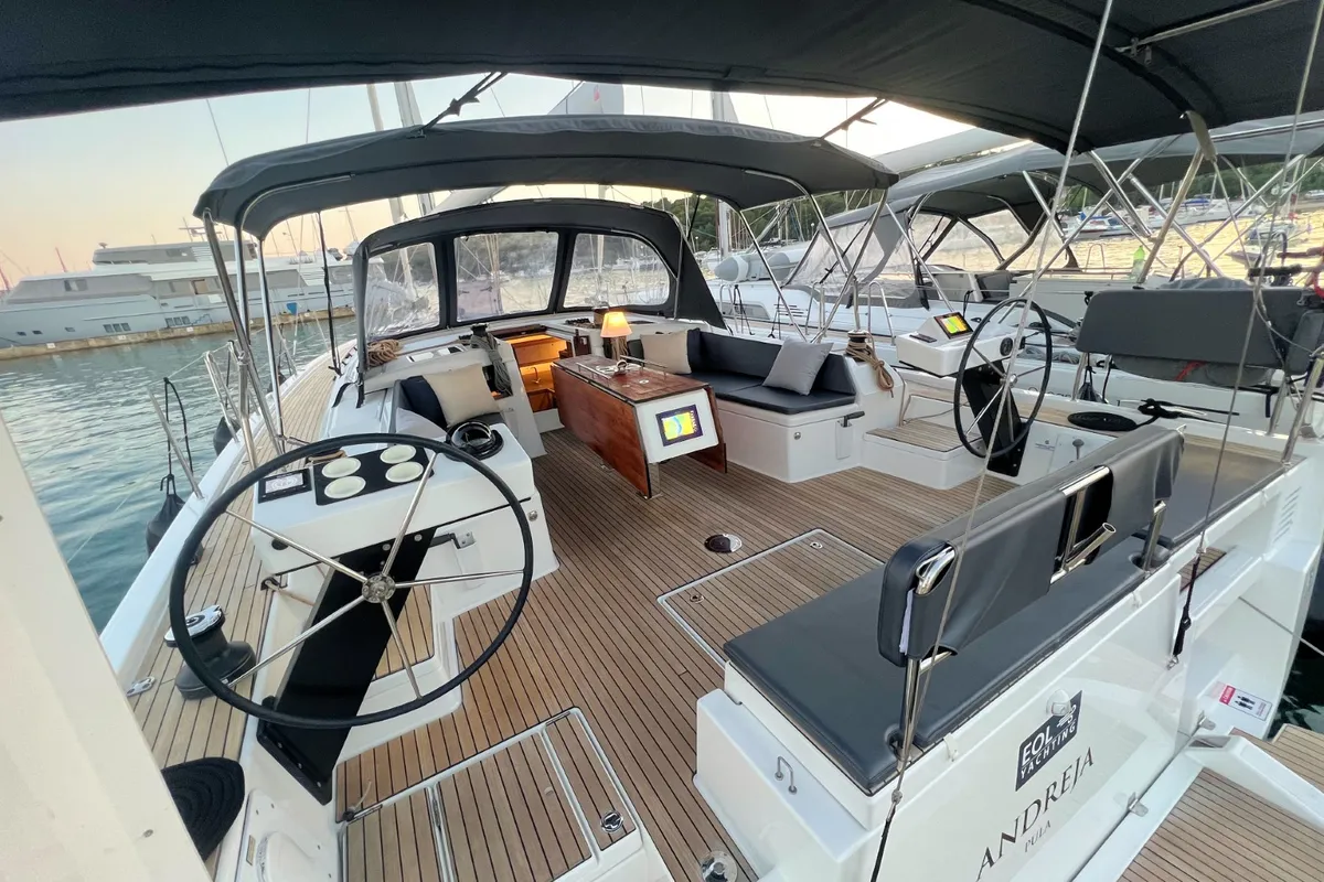Cockpit of Andreja, a Dufour 470 sailboat at Grad Pula, Croatia