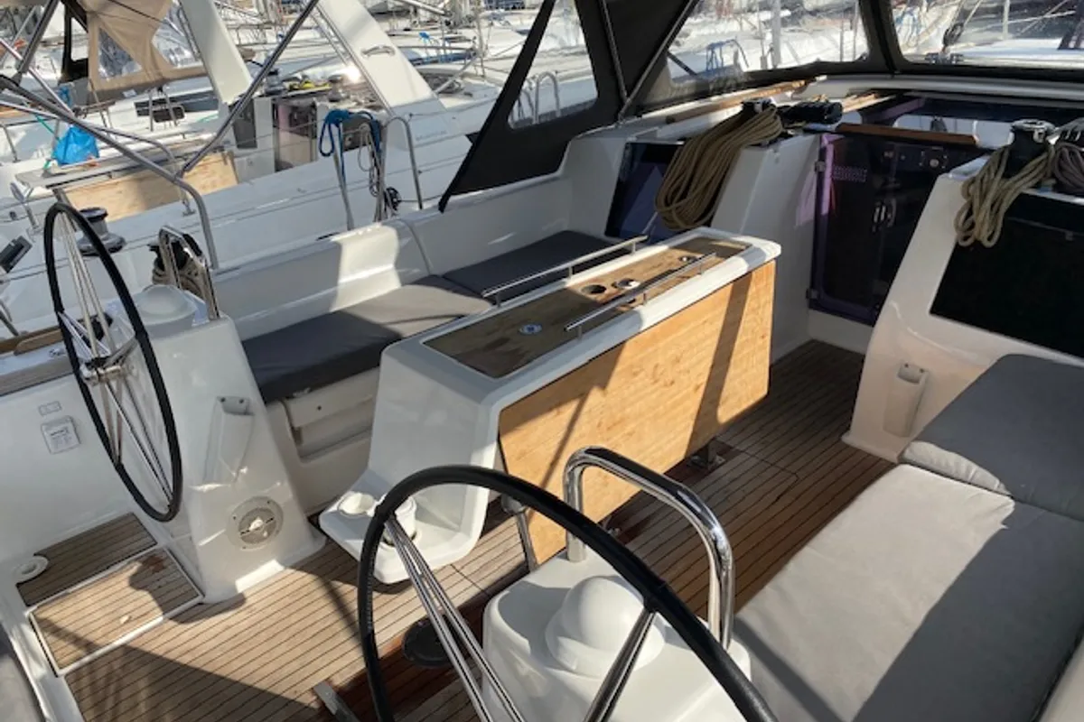 Cockpit of Ava, a Dufour 460 GL sailboat at Kontokali, Greece