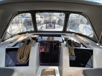 Cockpit of Ava, a Dufour 460 GL sailboat at Kontokali, Greece