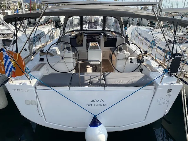 Exterior view of Ava, a Dufour 460 GL sailboat at Kontokali, Greece