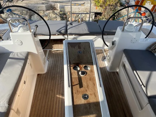 Cockpit of Ava, a Dufour 460 GL sailboat at Kontokali, Greece