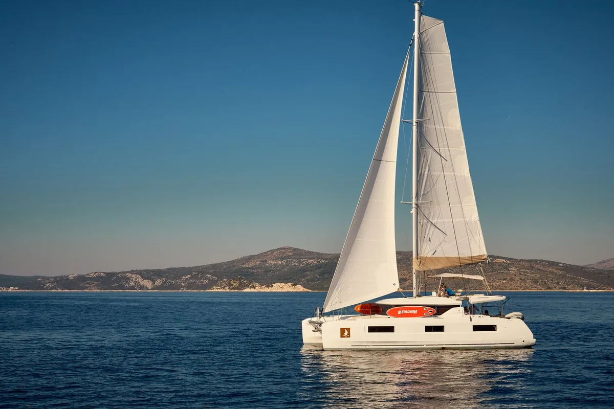 Exterior view of Sensation, a Lagoon 46 catamaran at Trogir, Croatia