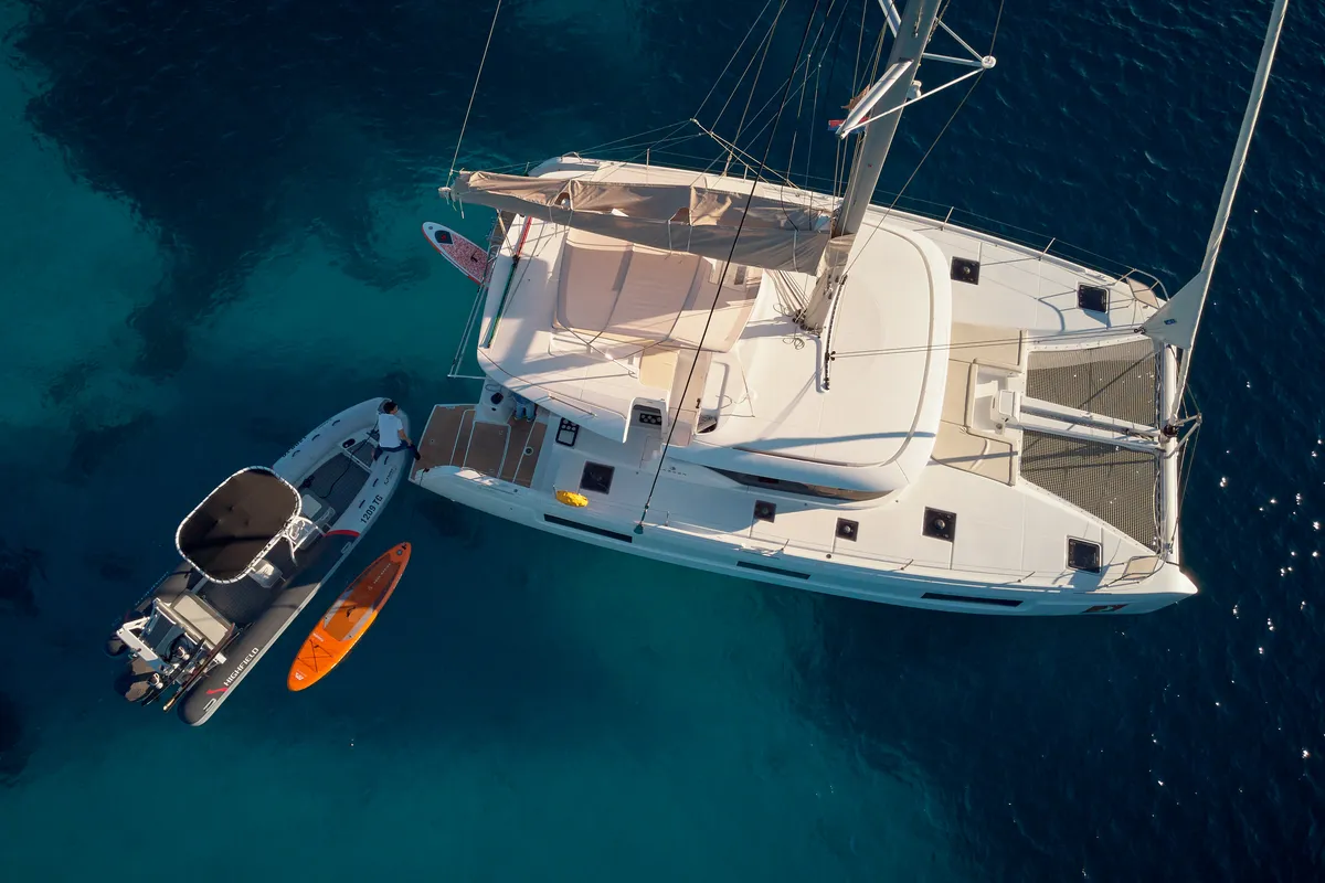 Exterior view of Sensation, a Lagoon 46 catamaran at Trogir, Croatia