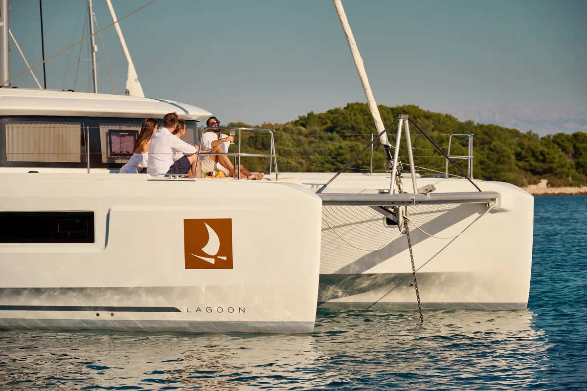 Exterior view of Sensation, a Lagoon 46 catamaran at Trogir, Croatia