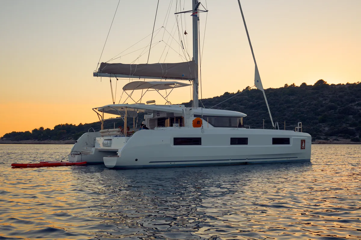Exterior view of Sensation, a Lagoon 46 catamaran at Trogir, Croatia